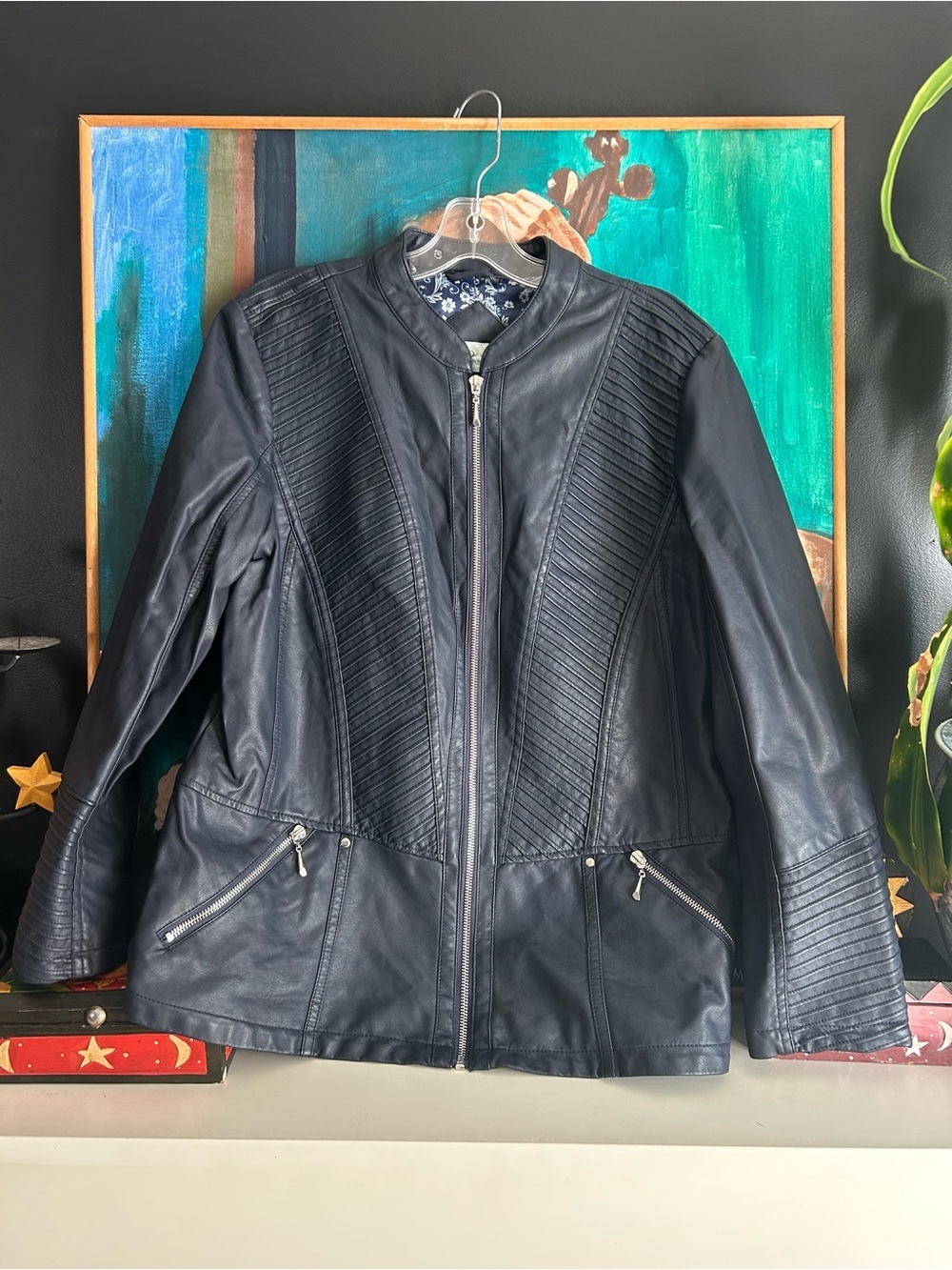 Cleo Petites Navy Faux Leather Moto Jacket Quilted Zip Women’s Large Petite